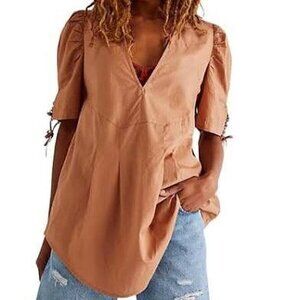 Free People tan and orange blouse with side ties and pockets, size small